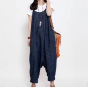Japanese denim strappy jumpsuit playsuit romper with wide legs and drop crotch